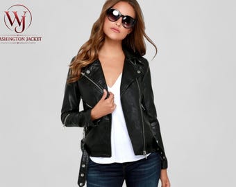 Chaqueta de motociclista clásica vintage de cuero genuino negro de corte ajustado para mujer, estilo retro casual, ideal para el día a día en invierno.