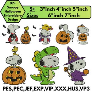 May include: A collection of seven Snoopy Halloween embroidery designs featuring characters in costumes like a vampire, a dinosaur, and a wizard, with pumpkins and bats. Text includes 07+ Snoopy Halloween Embroidery Design, 5+ Sizes, 3 inch 4 inch 5 inch 6 inch 7 inch, and file formats PES, PEC, JEF, EXP, VIP, XXX, HUS, VP3.