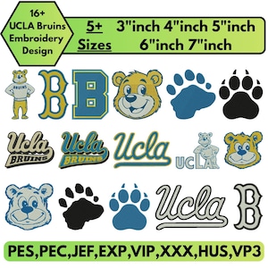 Puede incluir: Diseños de bordado de los UCLA Bruins, incluyendo el logotipo, cabeza de oso, huellas de patas y la letra "B". Tamaños de 7.6 cm a 17.8 cm. La imagen también incluye el texto "16+ UCLA Bruins Embroidery Design" y "5+ Sizes".