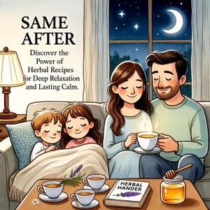 Könnte beinhalten: Eine Familie sitzt auf einem Sofa mit dem Text SAME AFTER Discover the Power of Herbal Recipes for Deep Relaxation and Lasting Calm. Auf einem Tisch stehen drei Teetassen, ein Buch mit dem Titel HERBAL HANDER mit Lavendel und ein Honigglas.