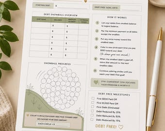 May include: A white paper debt snowball tracker with sage green accents. The document features sections for debt overview, a snowball progress chart with circles to color, debt free milestones, and a notes section with text in black ink.