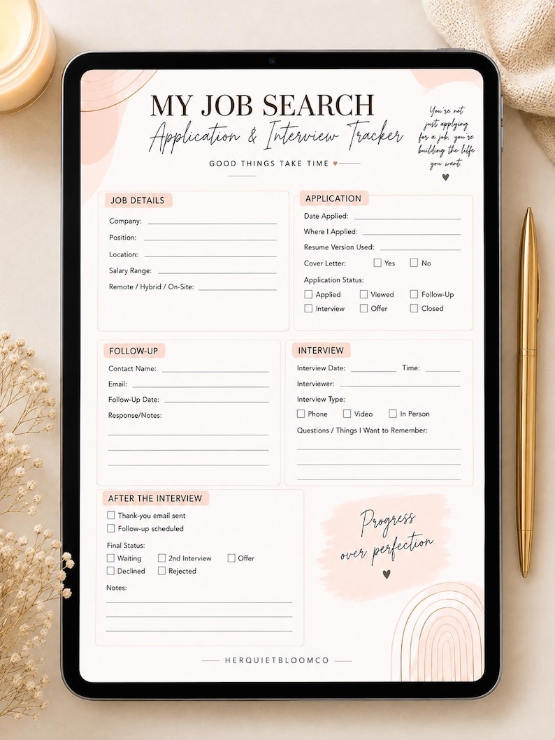 May include: A digital tablet displaying a job search application and interview tracker template. The form includes sections for job details, application status, follow-up, interview notes, and post-interview status, featuring soft pink accents and text.