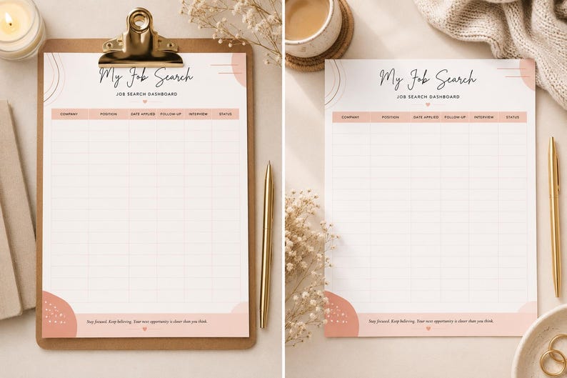 May include: A white paper job search dashboard tracker with peach-colored accents and headers reading My Job Search and Job Search Dashboard. The grid includes columns for company, position, date applied, follow-up, interview, and status.