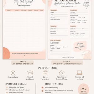 May include: A two-page digital job search planner in PDF format, sized 8.5 x 11 inches. The layout features a job search dashboard and an application and interview tracker with sections for company details, follow-up dates, and interview notes.