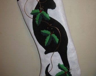 Handmade white and black felt cat silluette Christmas stocking