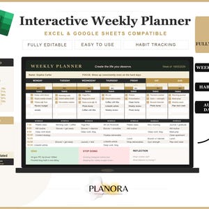 Peut inclure: Un planificateur hebdomadaire interactif affiché sur un écran d'ordinateur portable. Compatible avec Excel et Google Sheets, il propose un suivi des habitudes et un tableau de bord automatisé. Le design comprend un tableau de bord, des cases à cocher et un emploi du temps hebdomadaire.