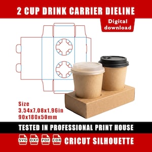 Puede incluir: Un portavasos de cartón marrón para dos tazas con dos vasos de papel, uno con tapa blanca y otro con tapa negra. La imagen incluye un diagrama de troquelado y el texto "2 CUP DRINK CARRIER DIELINE" y "Digital download". El tamaño es de 90x180x50mm.