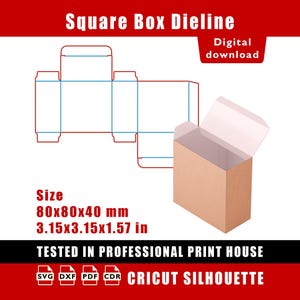 Puede incluir: Una descarga digital de un troquel de caja cuadrada con un dibujo técnico de líneas azules y rojas, junto a una caja de cartón marrón en 3D. El texto dice Square Box Dieline, Digital download, Size 80x80x40 mm, 3.15x3.15x1.57 in.
