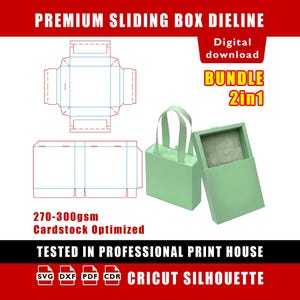Könnte beinhalten: Ein digitales Download-Bundle mit einem Schiebebox-Dieline-Design. Das Bild zeigt ein 2-in-1-Bundle mit einer Box und einer Tragetasche, beide in Hellgrün. Das Design ist für 270-300 g/m² Karton optimiert und in einem professionellen Druckhaus getestet.