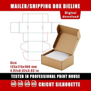 May include: A brown cardboard mailer/shipping box die line with dimensions of 4.92x6.92x3.93 inches. The image includes a digital download graphic and the text "TESTED IN PROFESSIONAL PRINT HOUSE". Also includes SVG, DXF, PDF, CDR, and CRICUT SILHOUETTE icons.