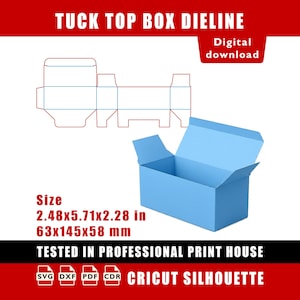 May include: A digital download of a tuck top box dieline featuring a red line drawing of the box structure and a 3D light blue box model. Text includes TUCK TOP BOX DIELINE, Digital download, Size 2.48x5.71x2.28 in, and SVG DXF PDF CDR CRICUT SILHOUETTE.