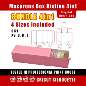 May include: A digital download bundle featuring a dieline for a macarons box in four sizes: XS, S, M, and L. The image displays a pink rectangular sliding box containing five colorful macarons, alongside technical line drawings of the box template.