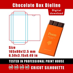 May include: A digital dieline for a chocolate box measuring 6.50x3.15x0.49 inches. The graphic shows a blue and red technical outline next to an orange chocolate bar wrapper labeled Poem Dark Chocolate 70% Cocoa. Includes SVG, DXF, PDF, and CDR file icons.