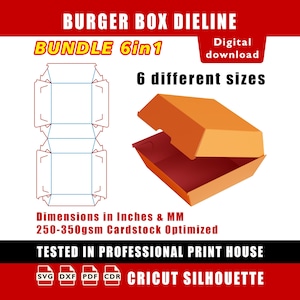Puede incluir: Un paquete de plantillas de caja de hamburguesas naranja con 6 tamaños diferentes. La imagen incluye una descarga digital con dimensiones en pulgadas y mm, optimizada para cartulina de 250-350 g/m². Probado en imprenta profesional.