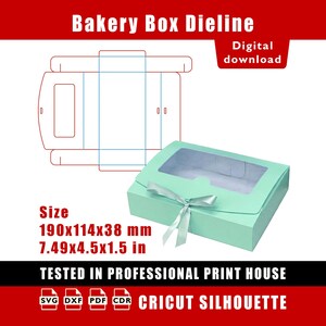 May include: A mint green bakery box with a clear window and a silver ribbon, next to a die-line diagram. The box measures 7.49 x 4.5 x 1.5 inches. Text on the image includes "Bakery Box Dieline" and "Digital download."