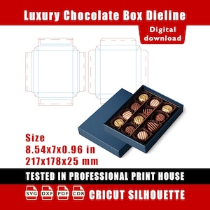 Pode incluir: Um download digital de um molde para caixa de bombons de luxo com uma caixa azul cheia de doze chocolates variados. O texto diz Luxury Chocolate Box Dieline, Digital download, Size 217x178x25 mm e Tested in professional print house.