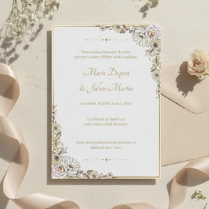 Peut inclure: Invitation de mariage élégante avec des accents floraux et une bordure dorée. L'invitation présente les noms "Marie Dupont & Julien Martin" et les détails de l'événement. Le texte est dans une police classique, sur fond crème.