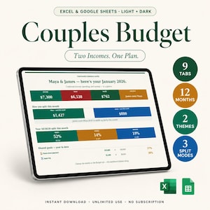 May include: A digital budget planner for Excel and Google Sheets titled Couples Budget, Two Incomes. One Plan. The screen displays financial data for January 2026, including income, spending, savings, and split modes, with 9 tabs and 12 months.