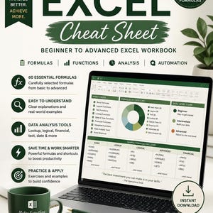 May include: An Excel cheat sheet workbook guide featuring the title The Operations Desk Excel Cheat Sheet, Beginner to Advanced Excel Workbook. The display shows a laptop screen with formula categories, a pie chart, and a skill level guide.