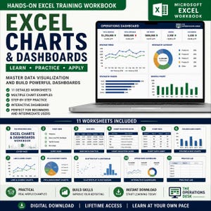 Könnte beinhalten: Ein digitales Trainingsarbeitsbuch für Microsoft Excel zu Diagrammen und Dashboards. Das Cover zeigt einen Laptop-Bildschirm mit einem Operations-Dashboard, das Umsatztrends, Kreisdiagramme und Balkengrafiken sowie 11 enthaltene Arbeitsblätter darstellt.