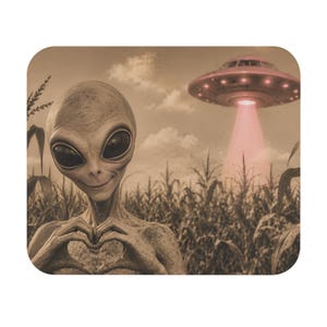 Alien Heart Cornfield Mouse Pad | UFO Abduction Retro Sepia