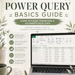 Könnte beinhalten: Ein Power Query Basics Guide mit einem Laptop, der eine Excel-Datentabelle anzeigt, umgeben von grünen Blattillustrationen. Der Text enthält The Operations Desk, Learn to Clean, Transform & Automate Excel Data.