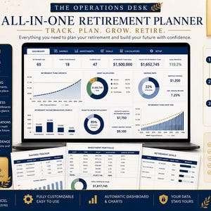 May include: A digital retirement planner dashboard displayed on a laptop screen, featuring charts, savings trackers, and investment portfolio tables. The layout includes sections for key benefits, how it works, and retirement goals in navy blue and gold.