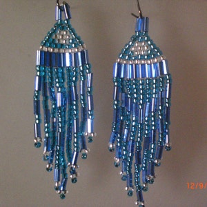 Blue & Silver chandelier beaded earrings 3&quot;