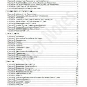 May include: A black and white table of contents page for a legal textbook. The document lists sections including Legal System of England and Wales, Constitution/EU/Admin Law, Contract Law, Tort Law, and Business Law & Practice with page numbers.