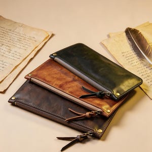 May include: Three rectangular zipped pouches stacked together. The top pouch is dark green, the middle is tan, and the bottom is dark brown. Each pouch features a metal zip with a leather pull tab and brass-coloured rivets at the corners.