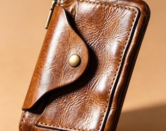 Monedero/tarjetero compacto con cremallera de estilo vintage, minicartera para uso diario.