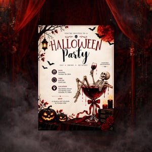 Pode incluir: Um folheto de convite para uma festa de Halloween com um esqueleto relaxando em uma taça de coquetel grande cheia de líquido vermelho. O texto diz: You're invited to a Halloween Party, Eat Drink Be Scary, Date Saturday October 26 2024, Time 8:00 PM, Location The Hollow House 123 Spooky Lane Orlando FL 32801, RSVP to Sarah at 407-555-0199 by October 20th.