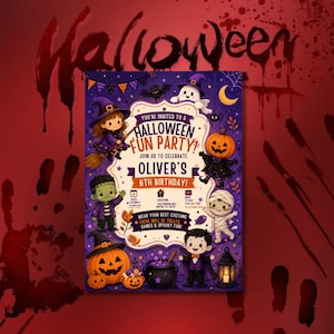 Op de afbeelding: Een rechthoekige Halloween-uitnodiging voor de 6e verjaardag van Oliver. De paarse achtergrond bevat stripfiguren waaronder een heks, geest, Frankenstein, mummie en vampier. De tekst luidt 'You're invited to a Halloween fun party'.