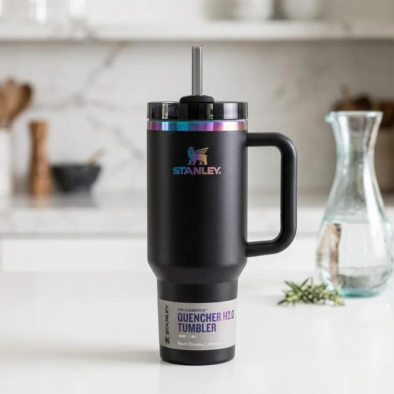 Op de afbeelding: Een zwarte Stanley Quencher H2.0 tumbler met een handvat en een rietje. De tumbler heeft een regenboogkleurige rand en het Stanley-logo. Het label luidt "Quencher H2.0 Tumbler" en "Black Chrome Collection."