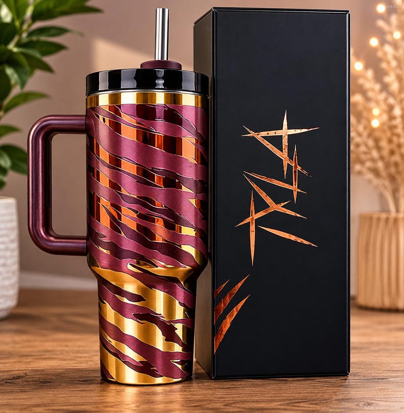 May include: A maroon and gold insulated tumbler with a handle and a straw. The tumbler has a decorative pattern and is next to a black box with copper-colored text. The tumbler is designed to keep drinks cold or hot.