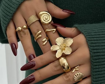 Gold Statement Ring Set:Floral & Abstract Boho Chic Jewelry