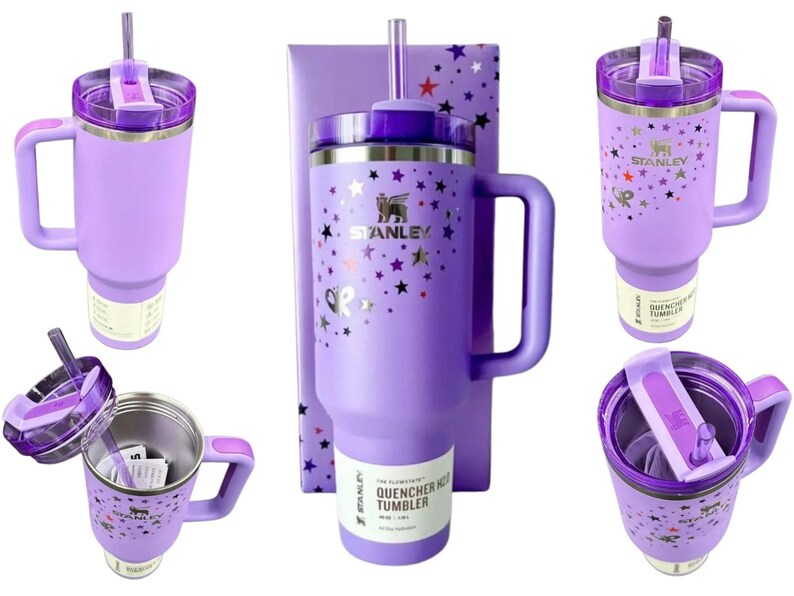 May include: A light purple Stanley Quencher H2.0 tumbler with a handle, a clear straw, and a purple lid. The tumbler features a metallic star pattern and the Stanley logo. A product label on the base indicates a capacity of 40 oz / 1.18 L.