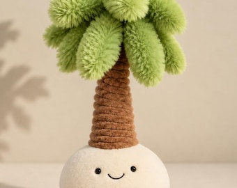 Palm Tree Plush Toy | Smiling Coconut Base, Tropical Kawaii Decor
