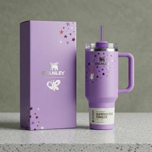 以下が含まれることがあります： ハンドルとストローが付いた紫色のスタンレーQuencher H2.0タンブラーと、お揃いの箱。タンブラーと箱は星と蝶のグラフィックで装飾されています。箱にはスタンレーのロゴと蝶のデザインが施されています。
