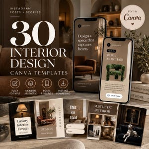 Könnte beinhalten: Ein digitales Marketing-Set mit 30 Interior-Design-Canva-Vorlagen für Instagram-Posts und Stories. Die Darstellung zeigt zwei Smartphones und mehrere gedruckte Karten mit Möbeln, Raumgestaltungen und Texten wie Mura Armchair.