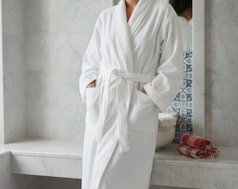 Turkish Cotton White Robe | Spa Bathrobe with Pockets, Belt