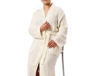 Cream Muslin Robe | Lightweight 100% Organic Cotton Gauze Bathrobe | Unisex Spa & Lounge Robe