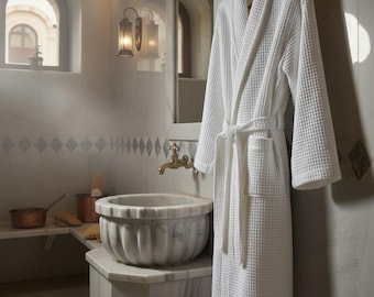 White Waffle Cotton Robe | Lightweight Turkish Spa Kimono Bathrobe
