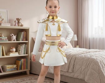 Kids K-Pop Demon Hunter Dance Outfit | White Gold Fringe Stage Costume Set,Gift for Kpop fans,Birthday Outfit