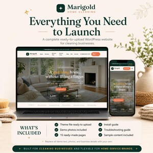 May include: A laptop and smartphone displaying a Marigold Home Cleaning website template. The screen shows a living room interior with the text A sparkling home, without lifting a finger. A list of included files like theme files and guides is below.
