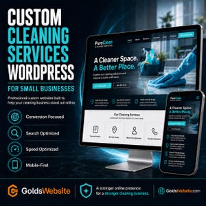 May include: A computer monitor and a smartphone displaying a website for PureClean Cleaning Services. The screen shows the text A Cleaner Space. A Better Place. along with navigation menus, service icons, and a blue-gloved hand cleaning a surface.