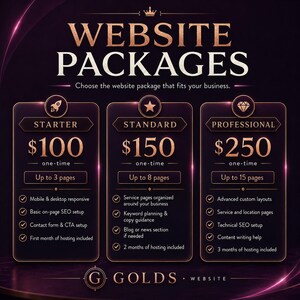 May include: A dark purple graphic display titled WEBSITE PACKAGES with three vertical columns labelled STARTER, STANDARD, and PROFESSIONAL. Each column lists pricing, page counts, and service features in rose gold text against a dark background.