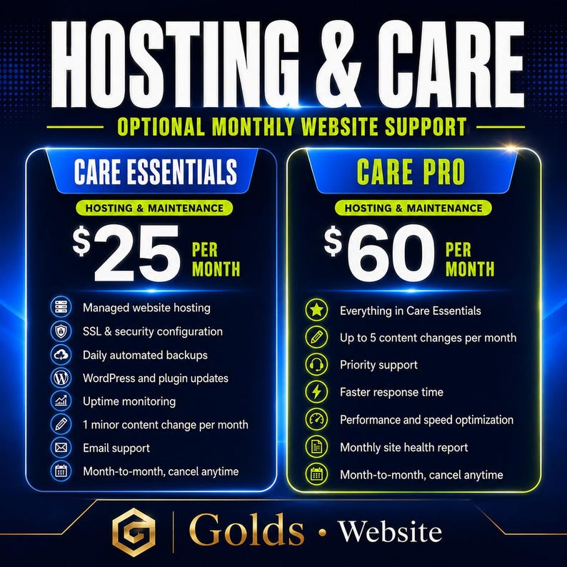 May include: A promotional graphic for website hosting and care services. The image features two columns detailing "Care Essentials" for $25 per month and "Care Pro" for $60 per month, with a list of included services. The Golds Website logo is at the bottom.
