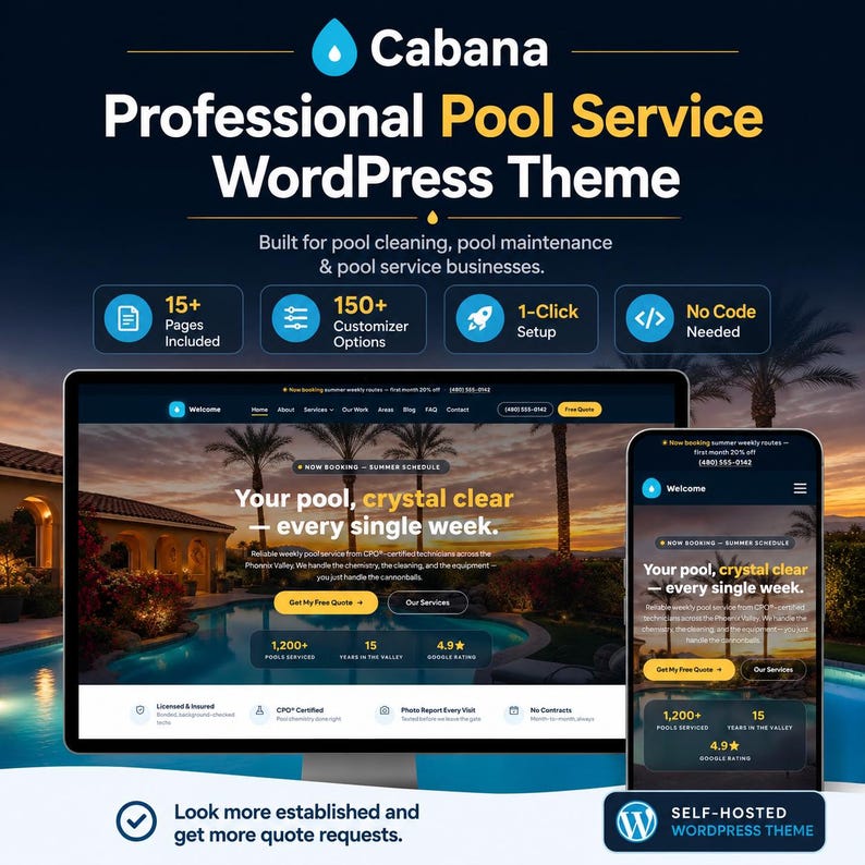 May include: A digital display of the Cabana Professional Pool Service WordPress Theme, showcasing a website layout on a desktop monitor and a mobile phone. The design features a swimming pool background, yellow text, and navigation menus.