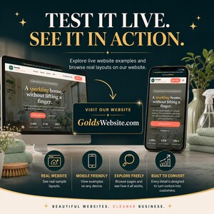 Puede incluir: Un anuncio que promociona un servicio de dise&ntilde;o de sitios web. La imagen presenta un monitor de computadora y un tel&eacute;fono inteligente que muestra ejemplos de sitios web. El texto incluye "Pru&eacute;balo en vivo. M&iacute;ralo en acci&oacute;n" y "Visita nuestro sitio web GoldsWebsite.com."